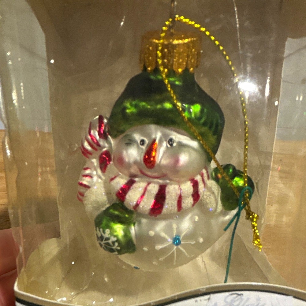 Christmas by Krebs Glass Hanging Snowman Ornament Green Hat Candy Cane CBK7